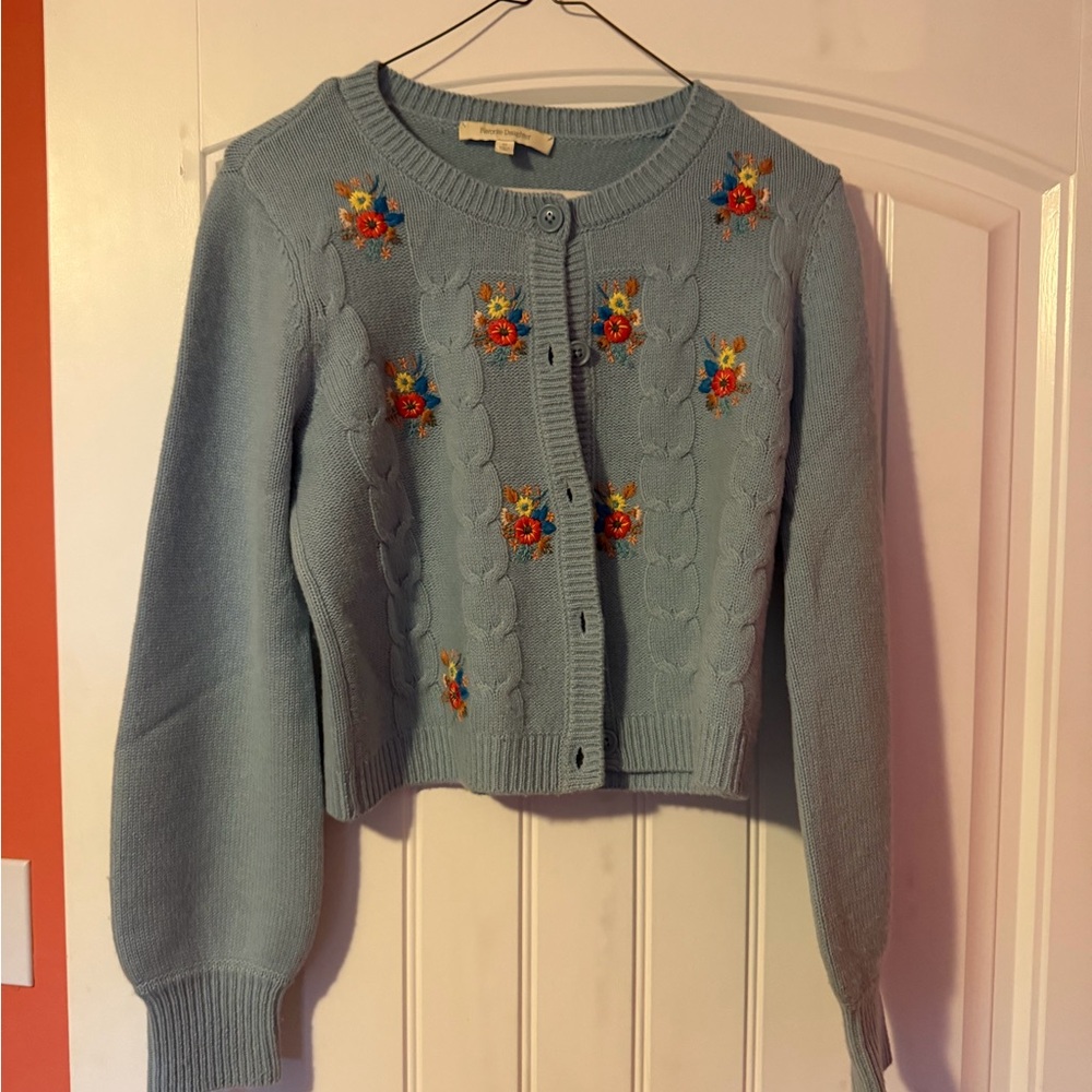 Favorite Daughter Light Blue Cardigan with Floral Embroidery
